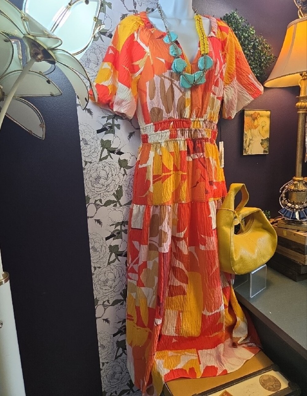 Coral & Dijon Floral Crinkle Tiered Maxi Dress By Fig & Flower
